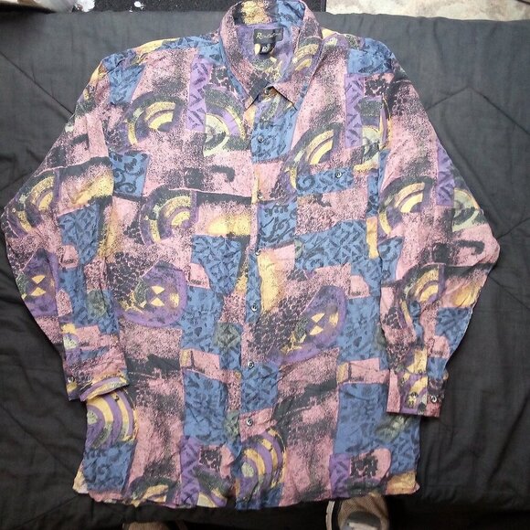 Vintage Reputation Abstract Geometric Silk Button Shirt - Picture 2 of 4